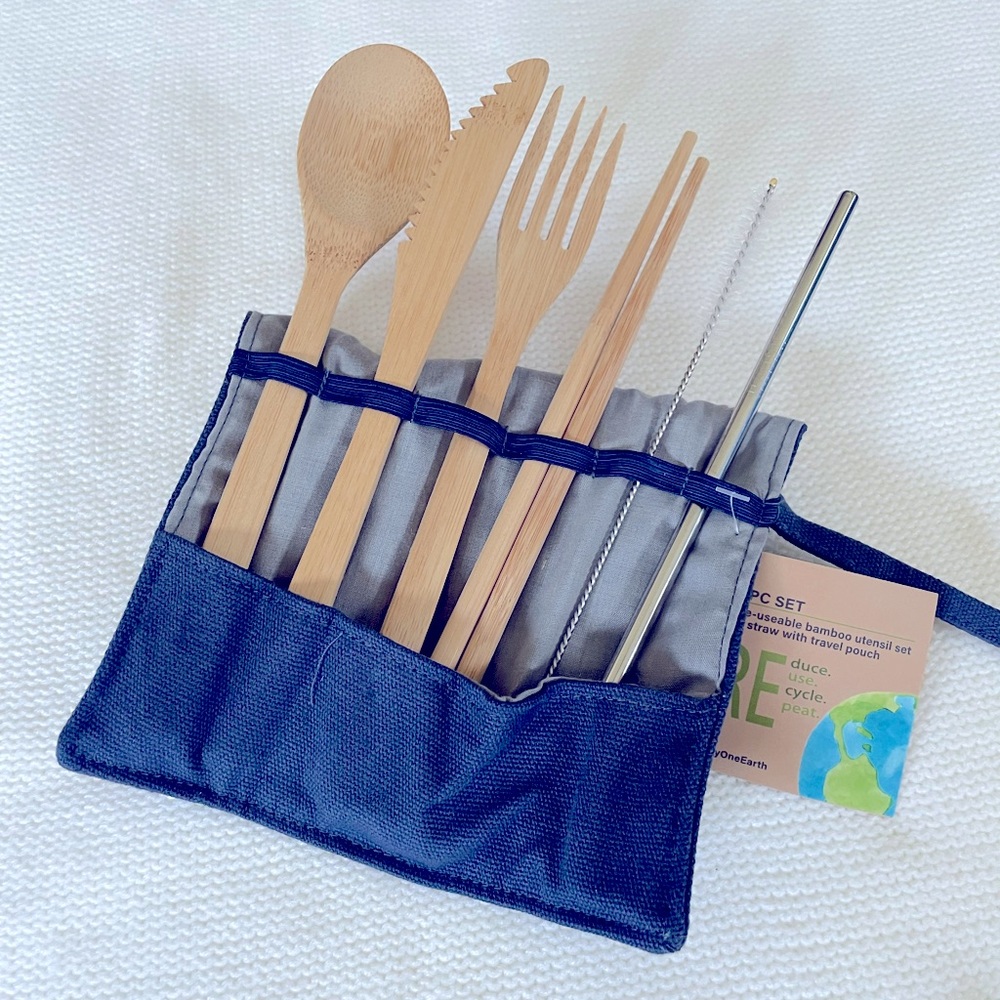 6 sets of re-usable bamboo utensils, straw, cleaning brush and travel pouch NEW